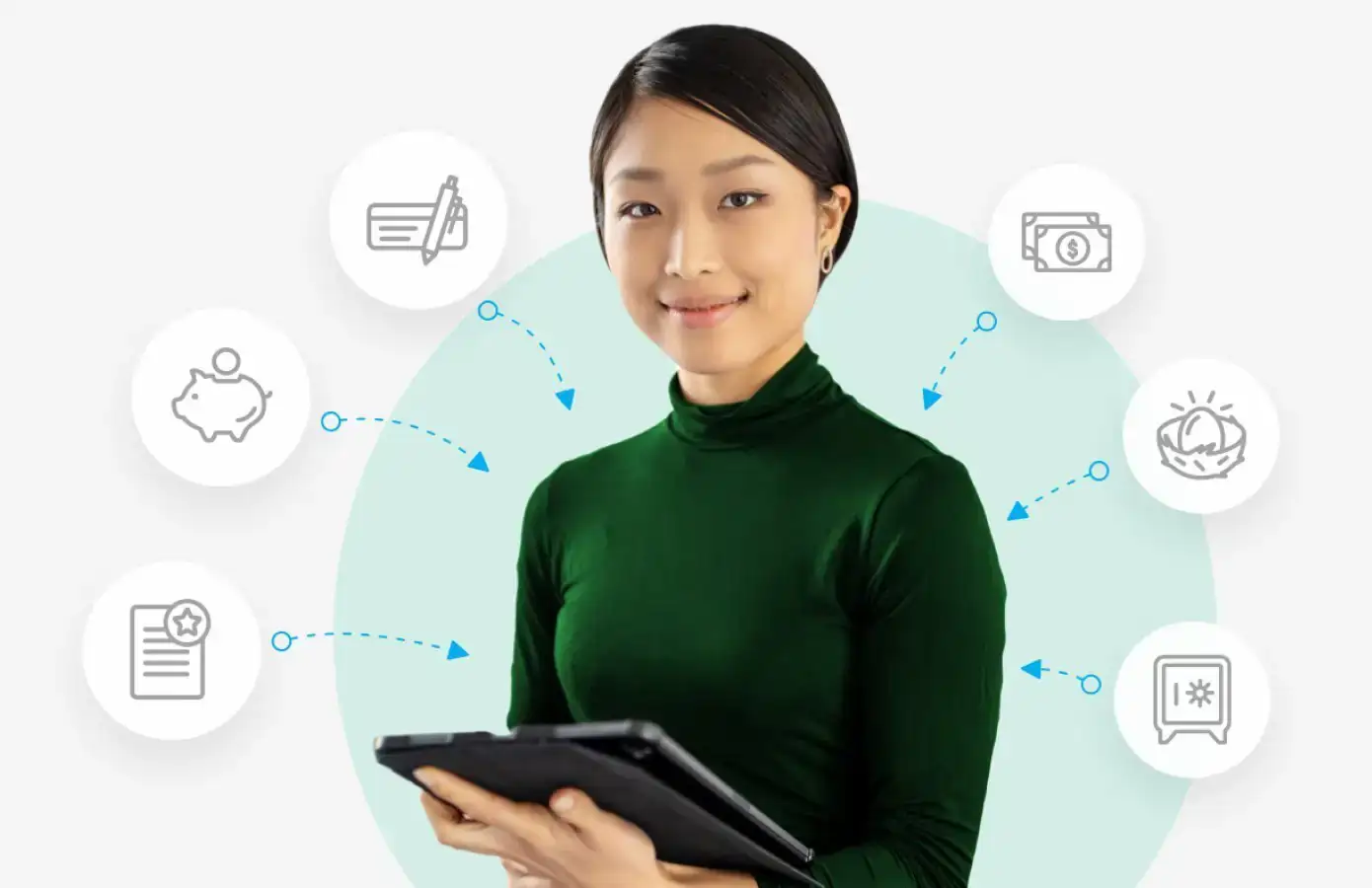 A person holding a tablet is surrounded by icons, including a camera, saving, recycling, checklist, document, and safe icons, connected with arrows.