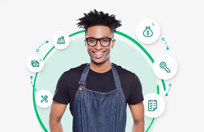 Smiling person wearing glasses and a denim apron, surrounded by icons representing money, a checklist, a magnifying glass, and business processes.