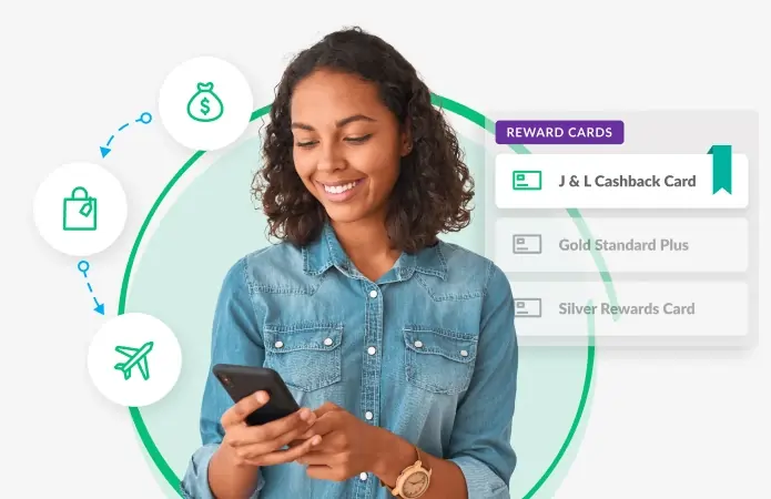 A woman in a denim shirt looks at her phone, surrounded by icons of shopping, money, and travel. To her right, various reward cards are displayed: J & L Cashback Card, Gold Standard Plus, Silver Rewards Card.