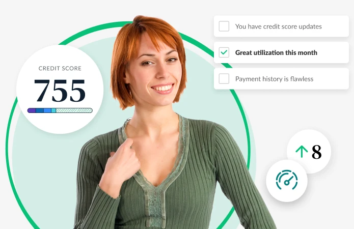Smiling person standing in front of a circular graphic showing a credit score of 755. Text bubbles highlight great credit utilization and flawless payment history.