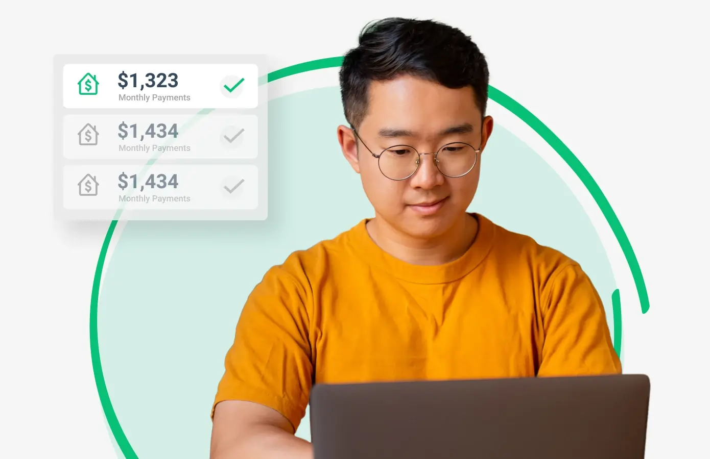 A person in a yellow shirt works on a laptop. A graphic displaying monthly payments appears next to them, showing amounts: $1,323, $1,434, $1,434.