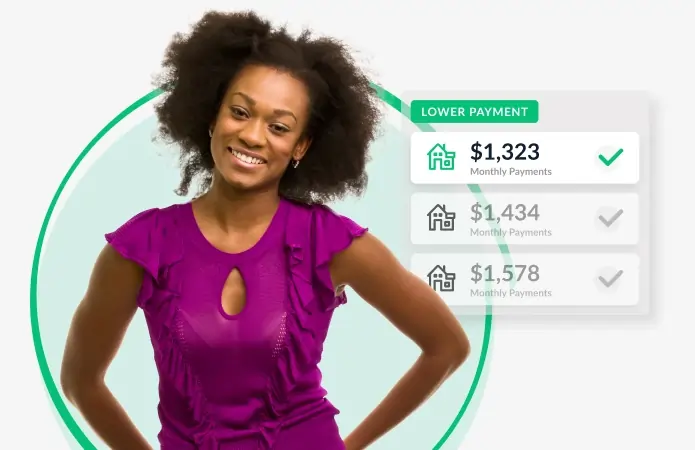 Woman smiling, standing next to a graphic showing different monthly payment options: $1,323, $1,434, $1,578, with the $1,323 option checked for lower payment.