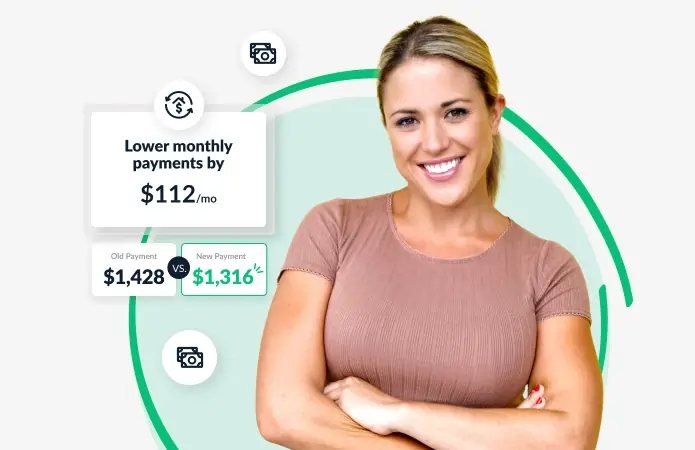 A person with crossed arms smiles in front of graphical information showing a reduction in monthly payments, from $1,428 to $1,316, resulting in $112 savings per month.