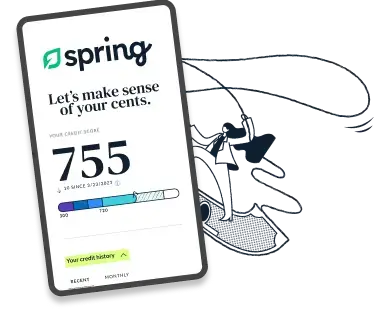 A smartphone screen displaying credit score in the LendingTree Spring app.
